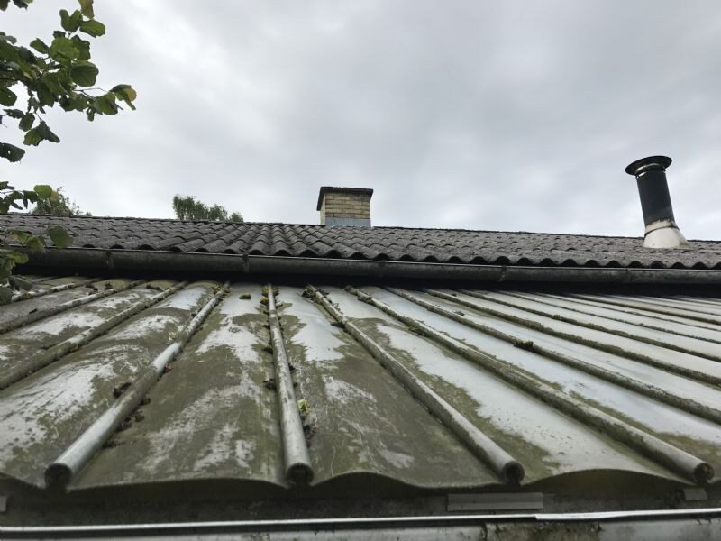 Nærbillede af to sammenbyggede tagflader, en betontagstensflade og en bølgeplade-tagflade begroet med mos og alger.